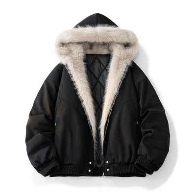 Men's Winter New Fleece-Lined Fur Collar Cotton Jacket Loose Hooded Parka Coat - Image 1 of 4