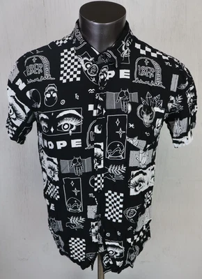 Mens HOT TOPIC "NOPE" All Over Print Button Front Shirt Size L 100% Rayon Black - Image 1 of 4
