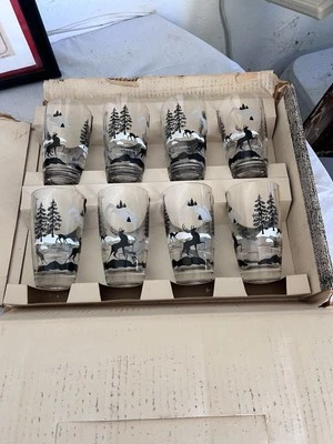 Vintage Set Swank Table Glasses Stag Deer Mountain Forest Scene Set Of 8 Box - Image 1 of 4