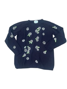 Vintage Quacker Factory Sweater Medium Black White Flowers Comfy Everyday - Picture 1 of 6