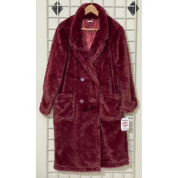 JouJou Faux Fur Burgundy Long Coat Double Breasted Warm Cozy Women's size large - Image 1 of 4