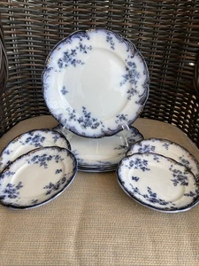 4 antike Ridgways Chiswick Flow blau Goldrand Abendessen/Mittagessen & 4 Brotteller - Bild 1 von 7