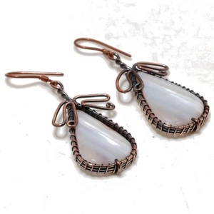 Blue Lace Agate Gemstone Earrings Handmade Wire Wrap Copper Jewelry 2.10" CE 100 - Picture 1 of 7