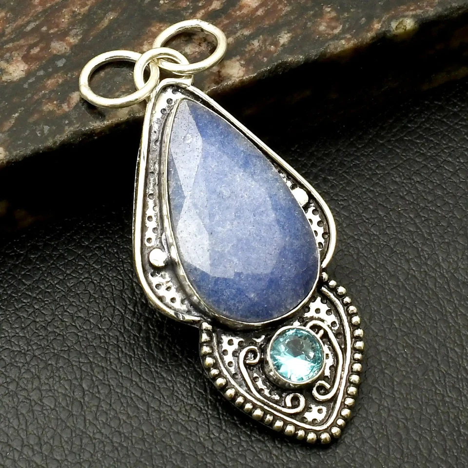 Pingente simulado de pedra preciosa topázio azul safira feito à mão 2,6" AP-43104 - Imagem 1 de 1