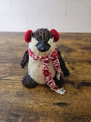Bristle Penguin Christmas Figurine 6.5" Sisal Woodland Holiday Decor with Scarf - Image 1 of 4