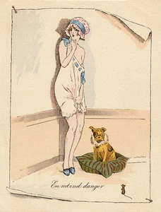 FRENCH BULLDOG CHARMING DOG GREETINGS NOTE CARD SCANTILY  DRESSED LADY & MOUSE - Picture 1 of 1