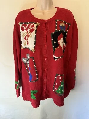 VTG Quacker Factory Womens Christmas Sweater Cardigan Embellished 1X Red - Image 1 of 4