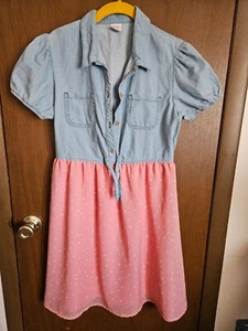 Tween Wonder Nation Dress Girls Size 18 XXL Chambray & Peach Polka Dot - Picture 1 of 3