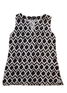 Camiseta sin mangas túnica Jones New York S negra blanca marrón estampado batik informal - Imagen 1 de 12