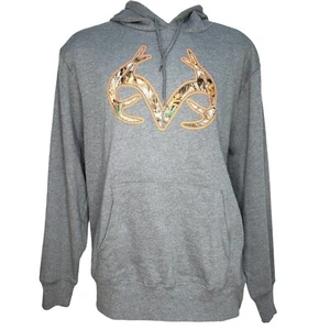 Realtree Pullover Hoodie Mens XL Gray Pocket Camo Logo L/S Sweater Fleece Lined - Picture 1 of 5