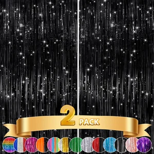 2Pack Black Metallic Tinsel Foil Fringe Curtains, Black Foil Curtain Backdrop, P - Picture 1 of 12