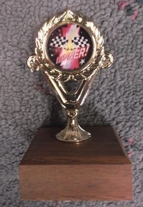 WINNER hologram trophy insert cub scout checkered flag wood base - Picture 1 of 1