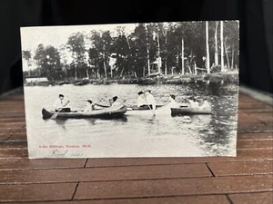 Cartolina d'epoca 1909 Lake Billings Manton Michigan uomini e donne canoe Wexford - Foto 1 di 10