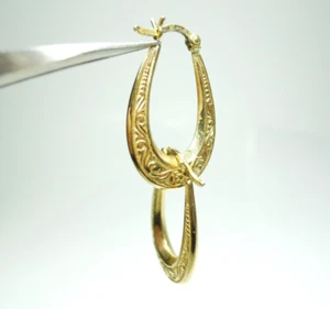 14k 585 YELLOW GOLD ORNATE GEOMETRIC OVAL HINGED HOOP CLEAR STONES EARRINGS . - Picture 1 of 12