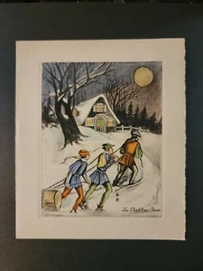 E. Mangumi Etching, Paris 1930's Color Christmas Card, Yule Log - Picture 1 of 5