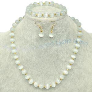 10/12/14mm Multi-Color Opal Cat's Eye Round Gems Necklace Bracelet Earrings Set