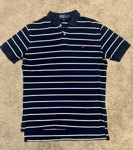 Polo Ralph Lauren Polo Shirt Mens Medium Navy Blue White Stripe 100% Cotton- 1A - Picture 1 of 3