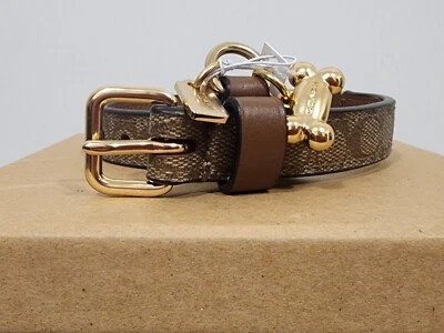 New Rare Coach Dog Collar In Khaki Saddle With Bone Charm Gold Hardware Size S - Image 1 of 4