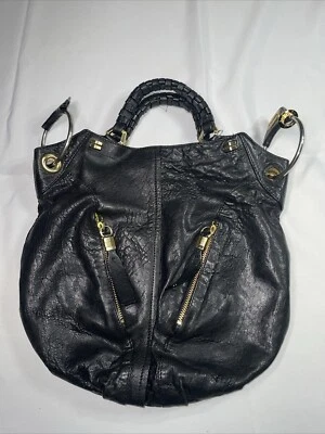 orYANY Gwen Black Pebbled Leather Hobo Double Top Handle Bag Goldtone Zip W Flaw - Image 1 of 4