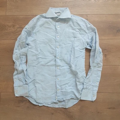 SUITSUPPLY Men's Medium Extra Slim Fit Shirt 15 Blue Linen Blend Button Cutaway - Image 1 of 4