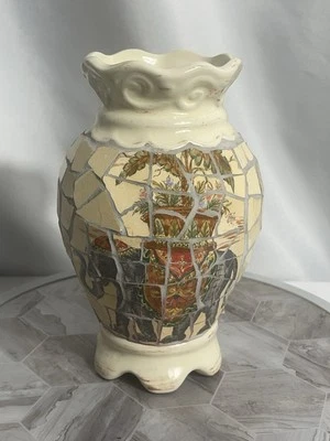 Mosaic Tile Decorative Vase w/ Elephant Scene 10” Tall Cream Base China - Image 1 of 4
