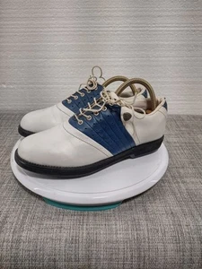 ATLANTIS HI-TEC ~ Golf Shoes Women's Size 7 - Blue White Leather Plastic Spikes - Picture 1 of 7