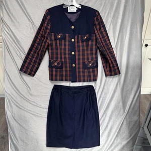 Queen's Rock Anzug Damen XL marine Tartan kariert Goldknopf 2-teiliges Set gefüttert - Bild 1 von 12