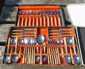 Modernist Joseph Rodgers 56 Piece Cutlery Set 'Manhattan' Beech Wood Blonde - Picture 1 of 22