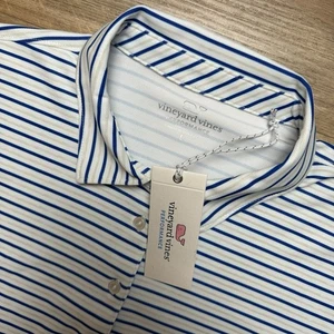 Vineyard Vines Performance Polo Women Large White Blue Striped Solid Pique NEW - Picture 1 of 9