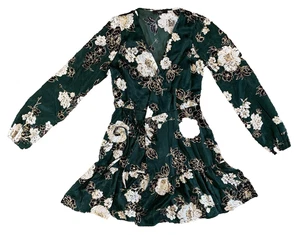 Nuevo con etiquetas Mini Vestido LULUS Verde Floral Satinado Manga Larga Tan Espléndido M - Imagen 1 de 7
