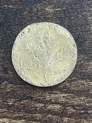 1980 Italy 20 Lire Aluminum-Bronze Oak leaves Actual Coin TB1598* - Image 1 of 2