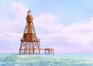 American Shoal Leuchtturm, Florida Keys Sunrise. James Mann Aquarelldrucke - Bild 1 von 2