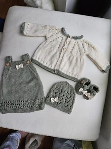 Hand Knitted Newborn 4 Piece Set Pinafore Dress Cardigan Shoes Hat Sage New - Picture 1 of 5