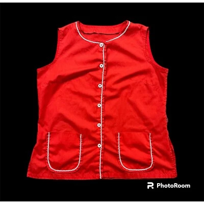 Delantal Artist Smock Rojo Rick Rack Hecho a Mano Algodón Botones Bolsillos Cocina Retro Foto 1 de 4