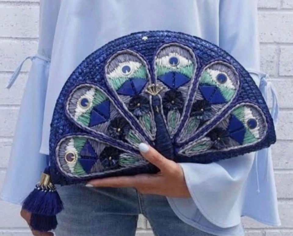 Kate Spade Pxru7496 Full Plume Straw Peacock Clutch Purse Blue Multi