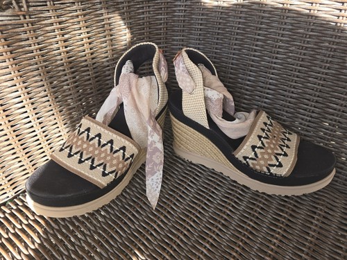 UGG Abbot Sandali con zeppa espadrillas in iuta avvolgenti alla caviglia 10 nero marrone