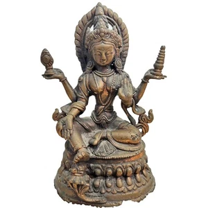 Tibetan Bronze Bone 4 Arms Lakshmi Nepal Goddess Scripture Statue - Picture 1 of 9