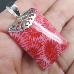 925 Sterling Silver Red Pink Coloured Natural Coral Pendant Jewellery, RCP-258 - Picture 1 of 7