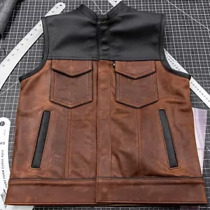 Black Leather Vest Biker Motorcycle Men Waistcoat Distress Brown Vest Rider Vest - Picture 1 of 2