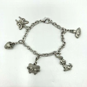 Silver Tone 5 Charm Bracelet Strawberry Dog Butterfly Ballerina Couch 6.75" Long - Picture 1 of 6