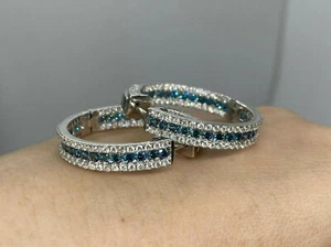 2.50 Ct Lab-Created Blue Topaz & Diamond Hoop Earrings Silver White Gold Plated - Picture 1 of 6