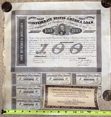 Confederate Bond 1863 $100 B-166, CR#123A 7 coupons, nice surfaces - COA - Image 1 of 4