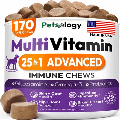 PETSOLOGY Dog Multivitamin Chewable Dog Vitamins and Supplements with Glucosamine 170