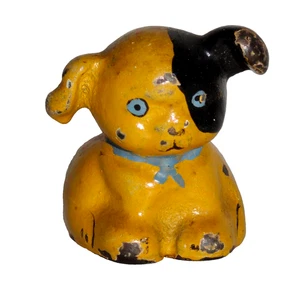 Antiker Hines Pup Briefbeschwerer ~ Gusseisen Welpe Hund ~ schöne Farben ~ unbeschriftet - Bild 1 von 7