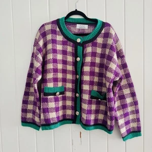 Frankies Melbourne Purple Green Check Plaid Preppy Cardigan Small-Medium - Picture 1 of 6