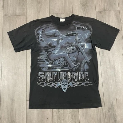 Liquid Blue 2001 Shut Up Ride Skull Flames Biker Tshirt Harley LG FTW Fade Y2K - Image 1 of 4