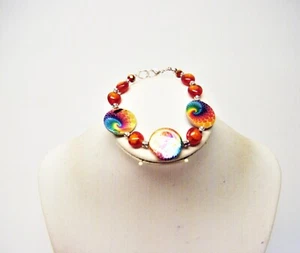 Multicolor Round Natural Shell Disc w/Red Floral Heart Bead Bracelet - Picture 1 of 5