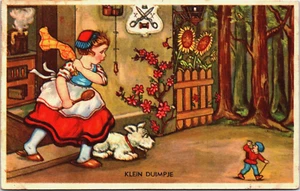 Tarjeta postal vintage de niña y su perro mirando el pulgar de Tom C201 - Imagen 1 de 2
