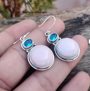 Ópalo rosa con pendientes de topacio azul joyería de plata 925 regalo hecho a mano para ella - Imagen 1 de 4