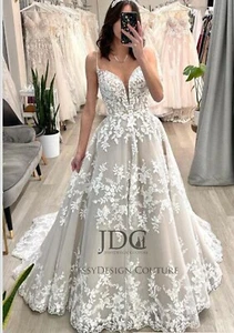 Full Leaves Lace Wedding Dress Bridal Gown Custom made 2-28W Straps Backless - Picture 1 of 7